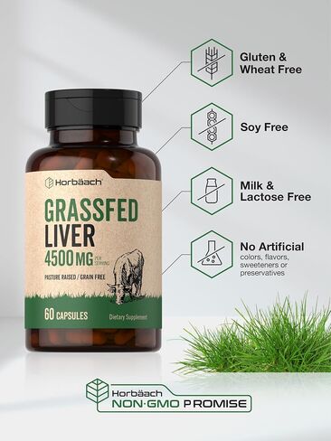 Grass Fed Beef Liver Supplement | 4500mg | 90 Capsules | Desiccated, Pasture Raised, Grain Free, Non-GMO | by Horbaach in Kuwait