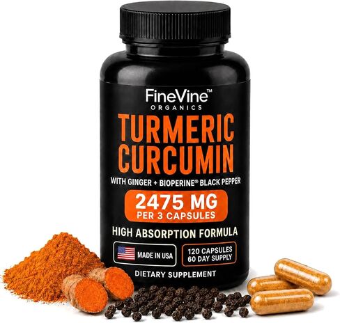 Turmeric Curcumin with BioPerine Black Pepper and Ginger - Made in USA - 120 Vegetarian Capsules for Advanced Absorption, Joints Support in Kuwait