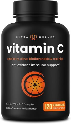 NutraChamps (2 Pack) Vitamin C 1000mg with Elderberry, Citrus Bioflavonoids & Rose HIPS - 120 Capsules Vegan, Non-GMO Antioxidant Supplement for Immune Health & Collagen Production 500mg Powder Pills in Kuwait