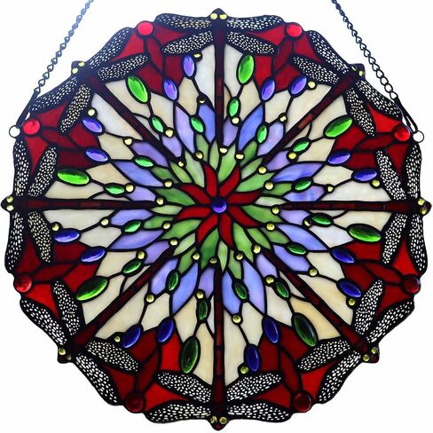 Bieye W10012 Red Dragonfly Tiffany Style Stained Glass Window Panel with Chain, Round Shape, 22 inches Wide in Kuwait