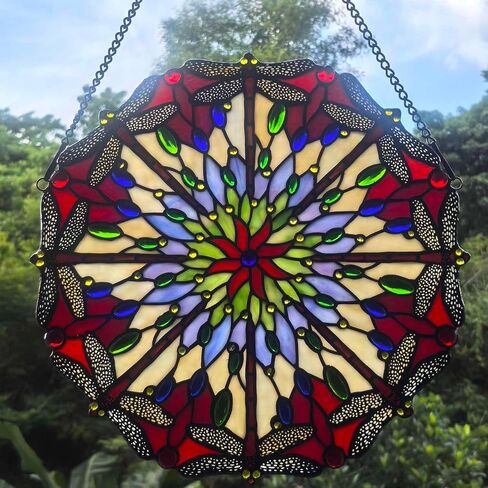 Bieye W10012 Red Dragonfly Tiffany Style Stained Glass Window Panel with Chain, Round Shape, 22 inches Wide in Kuwait