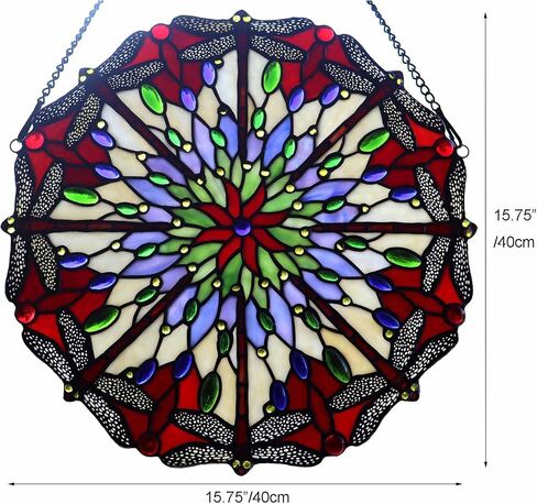 Bieye W10012 Red Dragonfly Tiffany Style Stained Glass Window Panel with Chain, Round Shape, 22 inches Wide in Kuwait