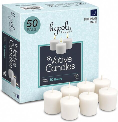 شموع Hyoola Votive - وقت احتراق 10 ساعات - شموع غير معطرة مجموعة Votives - عبوة مكونة من 50 شمعة بيضاء - صناعة أوروبية in Kuwait