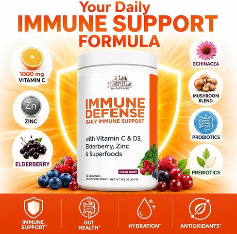 Country Farms Immune Defense Superfoods Drink Mix, Supports Immune Defense, Vitamin C with Black Elderberry, Supports Hydration, With Probiotics and Prebiotics, Berry Flavor, 40 Servings in Saudi Arabia