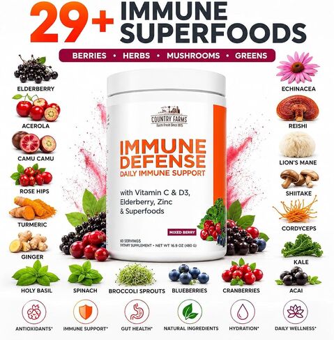 Country Farms Immune Defense Superfoods Drink Mix, Supports Immune Defense, Vitamin C with Black Elderberry, Supports Hydration, With Probiotics and Prebiotics, Berry Flavor, 40 Servings in Saudi Arabia