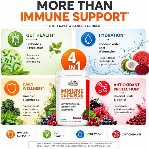 Country Farms Immune Defense Superfoods Drink Mix, Supports Immune Defense, Vitamin C with Black Elderberry, Supports Hydration, With Probiotics and Prebiotics, Berry Flavor, 40 Servings in Saudi Arabia