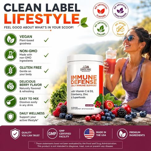 Country Farms Immune Defense Superfoods Drink Mix, Supports Immune Defense, Vitamin C with Black Elderberry, Supports Hydration, With Probiotics and Prebiotics, Berry Flavor, 40 Servings in Saudi Arabia