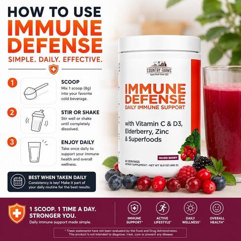 Country Farms Immune Defense Superfoods Drink Mix, Supports Immune Defense, Vitamin C with Black Elderberry, Supports Hydration, With Probiotics and Prebiotics, Berry Flavor, 40 Servings in Saudi Arabia