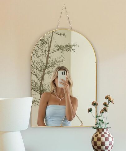 FONDAZZA Hanging Wall Mirror, Gold Brass Trim, 12.6 X 18.9 Inch Wall Art Decor for Living Room, Bathroom, Bedroom, Entry Way, Hallway, Vanity and Office, Arch Shape in Kuwait