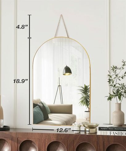 FONDAZZA Hanging Wall Mirror, Gold Brass Trim, 12.6 X 18.9 Inch Wall Art Decor for Living Room, Bathroom, Bedroom, Entry Way, Hallway, Vanity and Office, Arch Shape in Kuwait