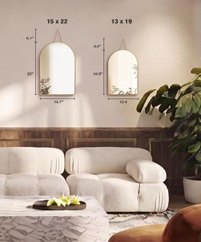 FONDAZZA Hanging Wall Mirror, Gold Brass Trim, 12.6 X 18.9 Inch Wall Art Decor for Living Room, Bathroom, Bedroom, Entry Way, Hallway, Vanity and Office, Arch Shape in Kuwait