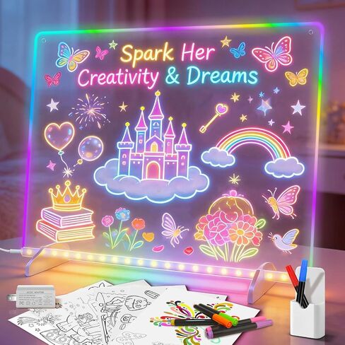 Led Drawing Board with 8 Colors, 13"x10" Acrylic Dry Erasee Board with 13 Light Effects, Glow Doodle Board Gifts for Kids for Halloween Christmas BirthdayGifts Presents, 2set Pen（7+9） in Kuwait