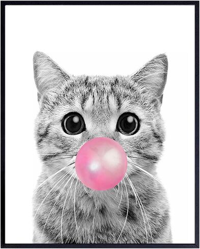 Tabby cat Wall Art 11x14 - Cute Cat Nursery Wall Decor for Girls Bedroom, Kids Room - Pink Girly Kitty, PussyCat, Kitten Art - Cat Lover Gifts for Women - Adorable Cat Wall Art for Girl - Unframed in Kuwait