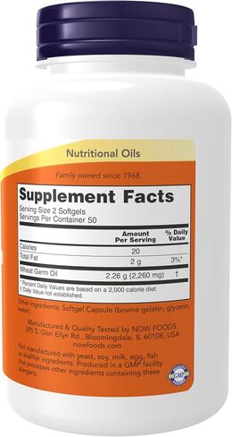 NOW Supplements, Wheat Germ Oil 1,130 mg with Essential Fatty Acids (EFAs), Nutritional Oil, 100 Softgels in Kuwait