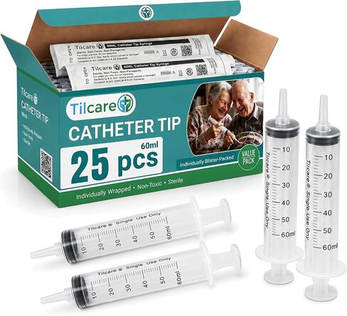 60ml Catheter Tip Syringe with Covers 5 Pack by Tilcare - Sterile Plastic Medicine Food Droppers for Children, Pets or Adults – Latex-Free Oral Medication Dispenser - Large Feeding Tube Syringes in Kuwait