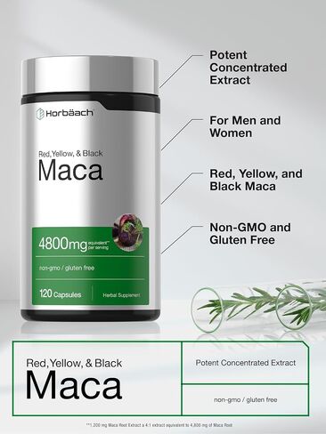 Maca Root Capsules | 120 Pills | High Potency Extract for Men and Women | Non-GMO and Gluten Free Formula | by Horbaach in Kuwait