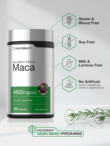 Maca Root Capsules | 120 Pills | High Potency Extract for Men and Women | Non-GMO and Gluten Free Formula | by Horbaach in Kuwait