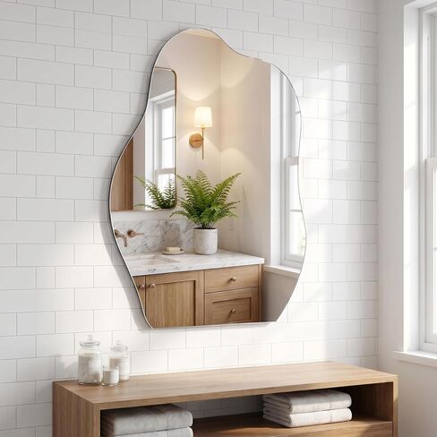 BEAUTYPEAK Asymmetrical Mirror, 26 x 38 Inches Irregular Wall Mirror, Wood Frame Unique Shape Wall Mounted Vanity Mirror, Decorative for Living Room Bedroom Entryway Hallway in Kuwait
