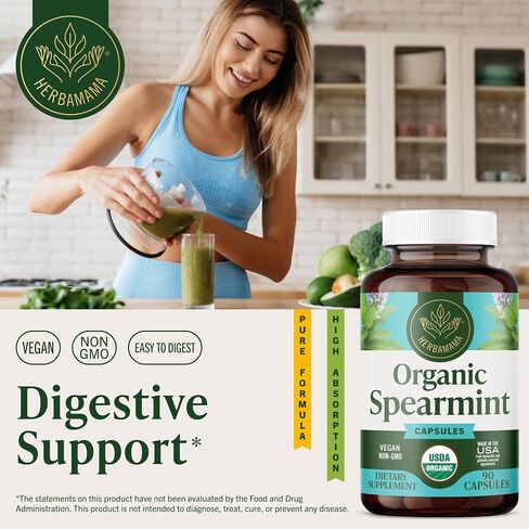 Spearmint 100 Capsules - 1000 mg - Organic Mentha Spicata Dietary Daily Supplement - Natural Support for Digestive & Respiratory Function - for Stress Relief - Vegan, Non-GMO in Kuwait