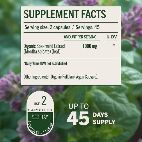 Spearmint 100 Capsules - 1000 mg - Organic Mentha Spicata Dietary Daily Supplement - Natural Support for Digestive & Respiratory Function - for Stress Relief - Vegan, Non-GMO in Kuwait
