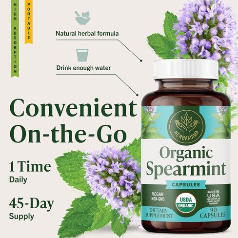 Spearmint 100 Capsules - 1000 mg - Organic Mentha Spicata Dietary Daily Supplement - Natural Support for Digestive & Respiratory Function - for Stress Relief - Vegan, Non-GMO in Kuwait