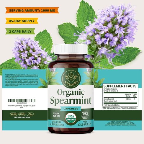 Spearmint 100 Capsules - 1000 mg - Organic Mentha Spicata Dietary Daily Supplement - Natural Support for Digestive & Respiratory Function - for Stress Relief - Vegan, Non-GMO in Kuwait