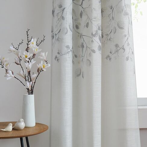 Central Park Leaf Floral Print Metallic Sheer Linen Window Curtain Panel for Rustic Living Room/Bedroom Sparkling Decorative 6 Grommets Top Drape Panels Farmhouse Curtains, Teal Blue,40" x 84"x2, 2 PK in Kuwait