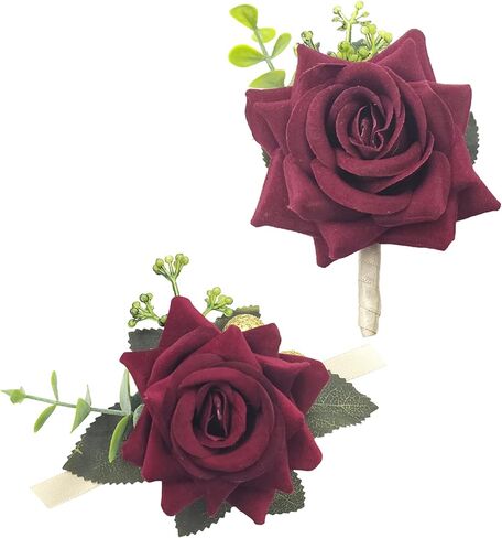 Arlai Wedding Corsage and Buttonniere S، سوار من شريط معصم الورد ، زهور صناعية (خمري) in Kuwait