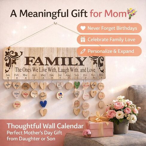 Gifts Presents for Moms Grandmas from Daughter Unique | Wooden Family Birthday Reminder Tracker Calendar Board Wall Hanging with 100 Tags | Best Gift Ideas for Christmas, Birthday/Mother's Day in Kuwait