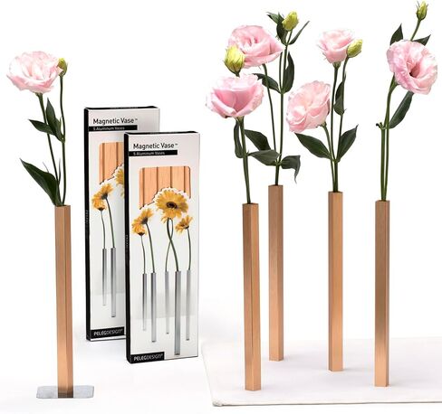 PELEG DESIGN Magnetic Flower Vase - Unique and Modern Set of 5 Gold Aluminum Vases for Home Garden Décor | 9.4 x 0.6 x 0.6 inches | Suitable for Both Real and Artificial Flowers in Kuwait