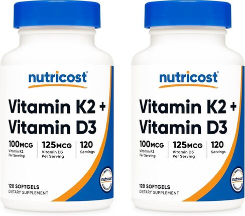 Nutricost Vitamin K2 (MK7) (100mcg) + Vitamin D3 (5000 IU) 120 Softgels - Gluten Free and Non-GMO in Kuwait