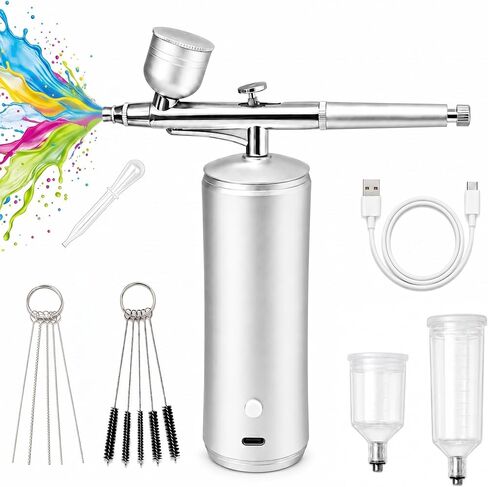 Cordless Airbrush Kit with Compressor, 48PSI Rechargeable Spray Gun Set, 0.3mm Nozzle & 2 Paint Cups (20cc/40cc) for Painting, Nail Art, Cake Decor, Makeup, Modeling in Kuwait