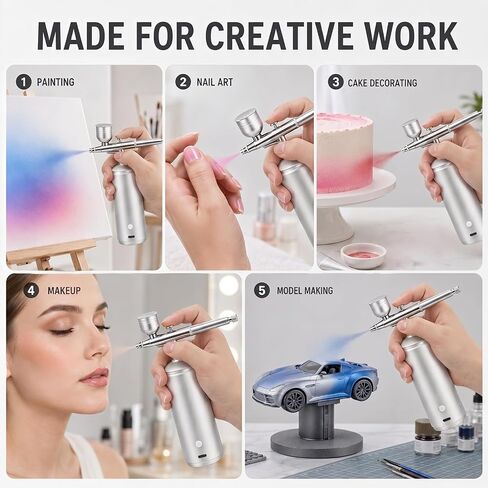 Cordless Airbrush Kit with Compressor, 48PSI Rechargeable Spray Gun Set, 0.3mm Nozzle & 2 Paint Cups (20cc/40cc) for Painting, Nail Art, Cake Decor, Makeup, Modeling in Kuwait