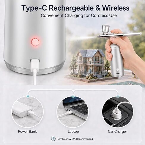 Cordless Airbrush Kit with Compressor, 48PSI Rechargeable Spray Gun Set, 0.3mm Nozzle & 2 Paint Cups (20cc/40cc) for Painting, Nail Art, Cake Decor, Makeup, Modeling in Kuwait