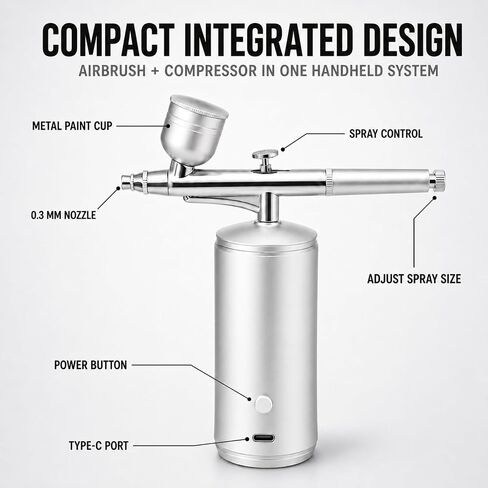 Cordless Airbrush Kit with Compressor, 48PSI Rechargeable Spray Gun Set, 0.3mm Nozzle & 2 Paint Cups (20cc/40cc) for Painting, Nail Art, Cake Decor, Makeup, Modeling in Kuwait
