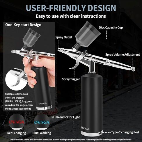 Ovaga 32PSI Airbrush Kit, Rechargeable Cordless Airbrush Compressor, Auto Handheld Airbrush Gun, Airbrush Set Portable Wireless Air Brush for Barber, Nail Art in Saudi Arabia