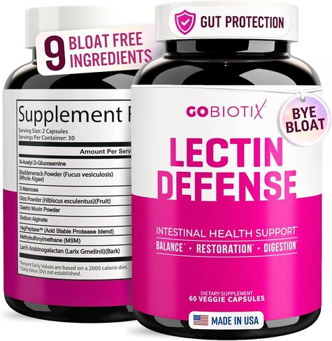 GOBIOTIX Lectin Defense - Lectin Blocker Supplement with MSM and Digestive Enzymes - Aids in Intestinal Health for Women and Men - Non-GMO + Gluten Free - 60 Capsules (1) in Kuwait
