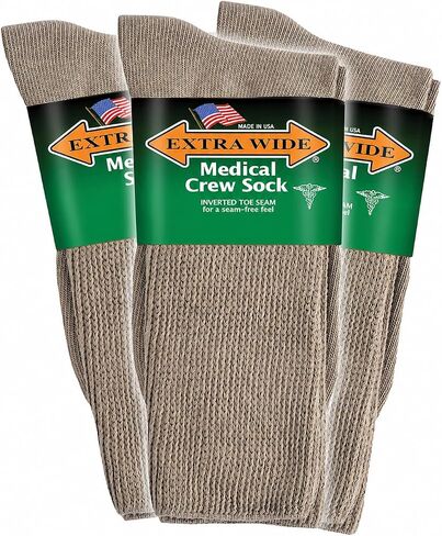 Extra Wide Medical Mid Calf Crew (Pack of 3), Diabetic Socks, Made in USA, for Men and Women (Large, Tan) in Saudi Arabia