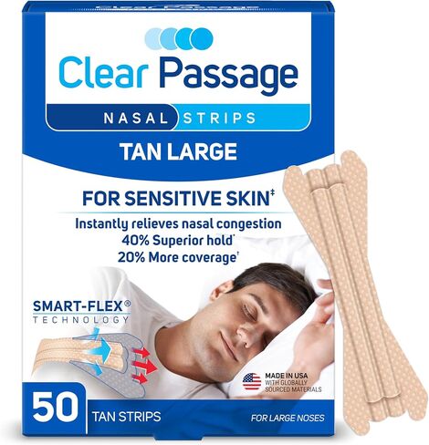 Clear Passage Nasal Strips Large, Tan, 50 ct | Works Instantly to Improve Sleep, Reduce Snoring, & Relieve Nasal Congestion Due to Colds & Allergies in Kuwait