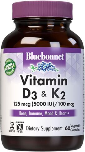 Bluebonnet Nutrition Vitamin D3 & K2, Soy-Free, for Strong-Healthy Bones*, Gluten-Free, Non-GMO, Dairy-Free, Kosher Certified, Vegetarian, 60 Vegetable Capsules, 60 Servings in Kuwait