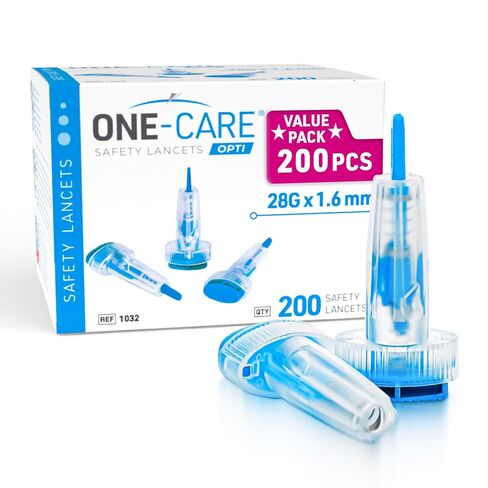 ONE-CARE Opti Safety Lancets Top Button Activated, 28G x 1.6mm, 200 Count in Kuwait