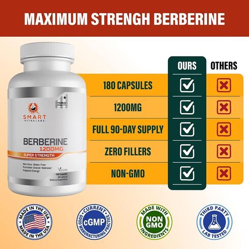 Premium Berberine HCL 1200mg- 180 Vegan Capsules, 100% Pure Berberine Supplement- Non-GMO, Gluten Free in Kuwait