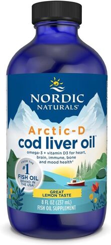 زيت كبد سمك القد القطبي الشمالي من Nordic Naturals، ليمون - 8 أونصة - 1060 مجم إجمالي أوميغا 3 + 1000 وحدة دولية فيتامين D3 - EPA وDHA - دعم القلب والدماغ والعظام والمناعة والمزاج - غير معدل وراثيًا - 48 حصة in Kuwait