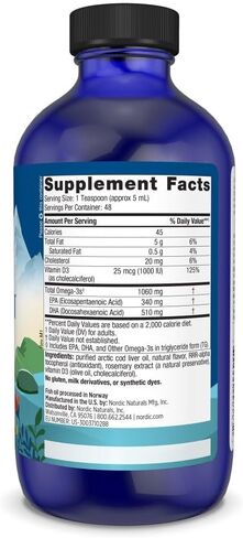 زيت كبد سمك القد القطبي الشمالي من Nordic Naturals، ليمون - 8 أونصة - 1060 مجم إجمالي أوميغا 3 + 1000 وحدة دولية فيتامين D3 - EPA وDHA - دعم القلب والدماغ والعظام والمناعة والمزاج - غير معدل وراثيًا - 48 حصة in Kuwait
