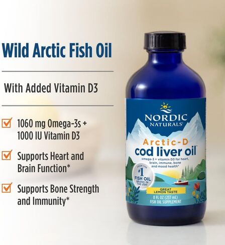 زيت كبد سمك القد القطبي الشمالي من Nordic Naturals، ليمون - 8 أونصة - 1060 مجم إجمالي أوميغا 3 + 1000 وحدة دولية فيتامين D3 - EPA وDHA - دعم القلب والدماغ والعظام والمناعة والمزاج - غير معدل وراثيًا - 48 حصة in Kuwait