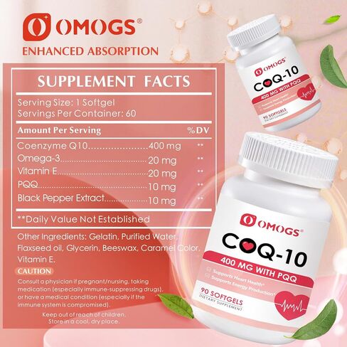OMOGS CoQ10 400 مجم كبسولات هلامية، مكملات الإنزيم المساعد Q10 عالية الامتصاص تدعم صحة القلب، صحة القلب والأوعية الدموية، الجهاز المناعي وإنتاج الطاقة الخلوية، نباتي، خالي من الغلوتين، 60 كبسولة هلامية in Kuwait