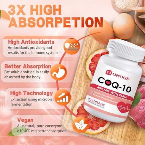 OMOGS CoQ10 400 مجم كبسولات هلامية، مكملات الإنزيم المساعد Q10 عالية الامتصاص تدعم صحة القلب، صحة القلب والأوعية الدموية، الجهاز المناعي وإنتاج الطاقة الخلوية، نباتي، خالي من الغلوتين، 60 كبسولة هلامية in Kuwait