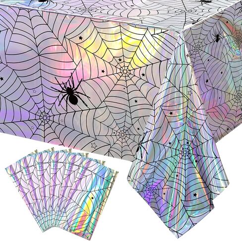 3 Pcs Iridescent Halloween Spiderweb Tablecloths, Holographic Foil Spooky Spiderweb Table Cover for Rectangle Table, Disposable Spooky Tablecloth for Birthday Halloween Party Supplies, 54x108Inch in Saudi Arabia