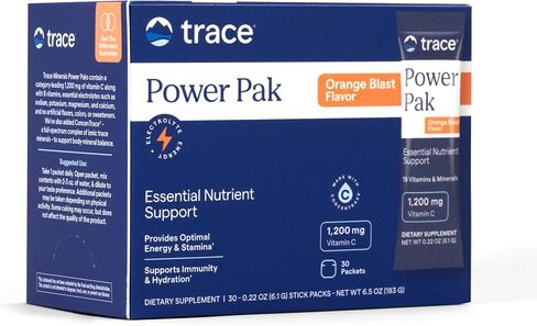 Trace Minerals | Power Pak Electrolyte Powder Packets | 1200 mg Vitamin C, Zinc, Magnesium | Boost Hydration, Immunity, Energy, Muscle Stamina | Orange Blast | 30 Packets in Kuwait