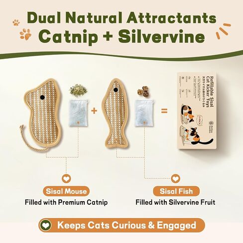 Refillable Catnip Kicker Toys, Sisal Fish & Mouse with Catnip & Silvervine Gall Fruit, Durable Interactive Cat Toy for Indoor Cats, 2-Pack in Saudi Arabia